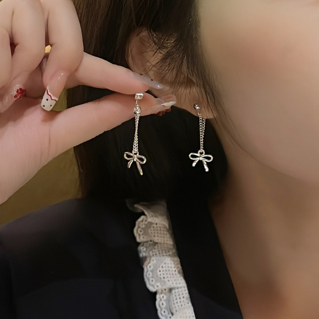 Bow Stud Earrings Long Tassel Niche