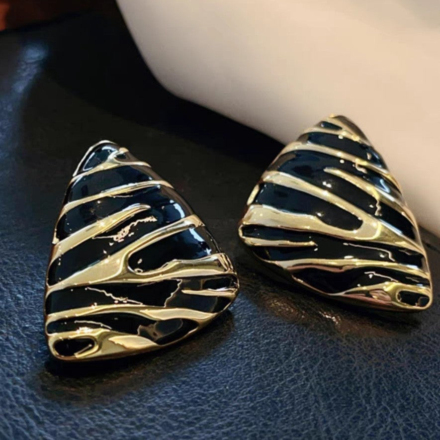 Retro Zebra Pattern Triangle Silver Stud Earrings