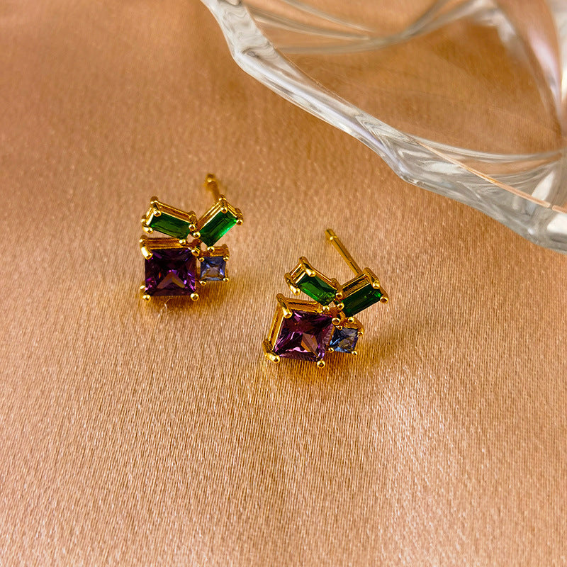 Electroplated Stud Earrings Square Color Zircon Fashion Women