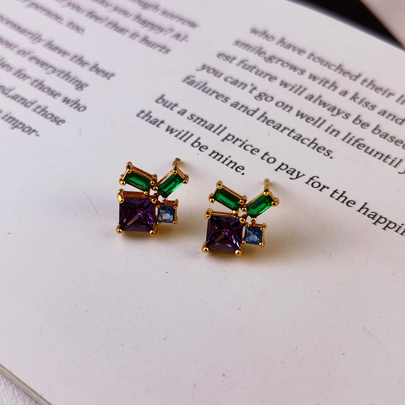 Electroplated Stud Earrings Square Color Zircon Fashion Women