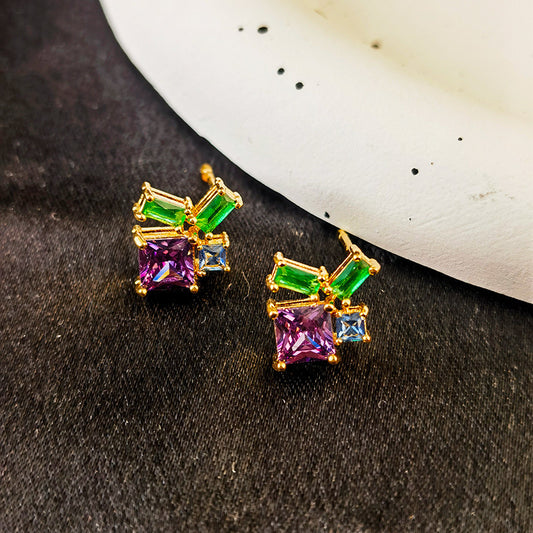 Electroplated Stud Earrings Square Color Zircon Fashion Women