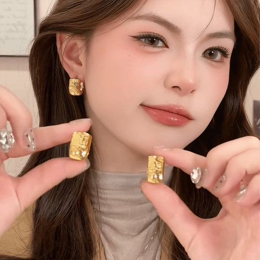 Gold-plated Striped Wide Face Ring Ear Button Earrings High Sense